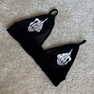 Black Mesh Bralette with White Embroidery